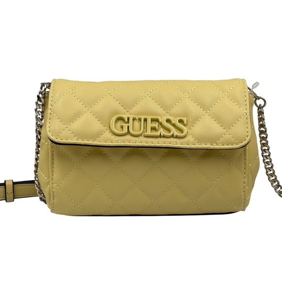 GUESS Quilted Crossbody Bag Yellow Shoulder Handbag Chain Strap Purse - Picture 1 of 13